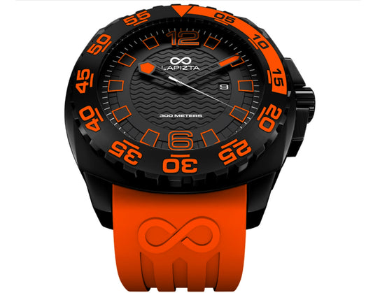 Lapizta Audax 43MM 300M WR Orange Dive Watch in Black with Rubber Strap
