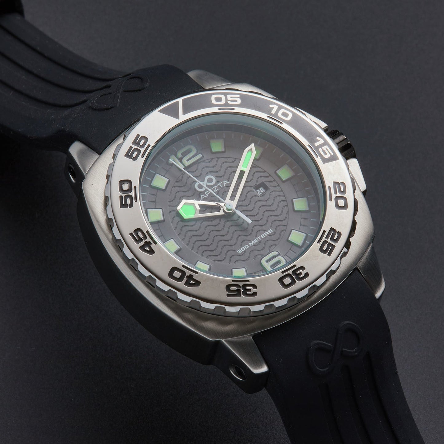 Lapizta Audax 43/48MM 300M WR Black Dive Watch with Rubber Strap in Steel