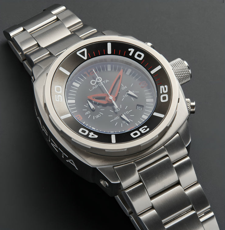 Lapizta Zatara 43/48MM 100M WR Red Chronograph Watch with Steel Bracelet