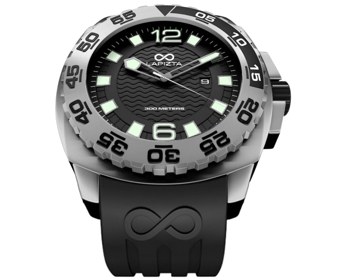 Lapizta Audax 43/48MM 300M WR Black Dive Watch with Rubber Strap in Steel
