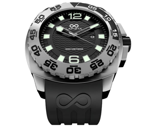 Lapizta Audax 43/48MM 300M WR Black Dive Watch with Rubber Strap in Steel