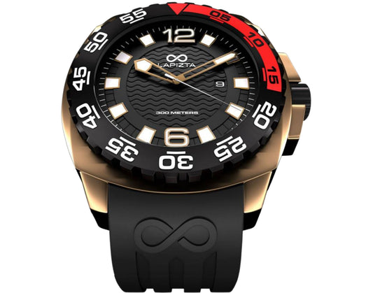 Lapizta Audax 48MM 300M WR Black Dive Watch with Rubber Strap in Gold