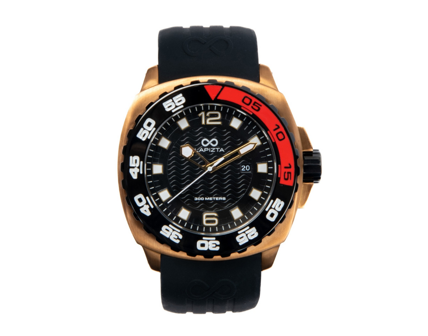 Lapizta Audax 48MM 300M WR Black Dive Watch with Rubber Strap in Gold