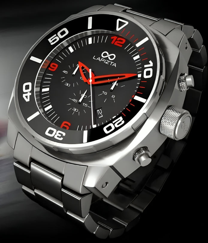 100M WR Durable, Stylish, and Precise 43/48MM Red Chronograph Watch with Steel Bracelet By Lapizta Zatara