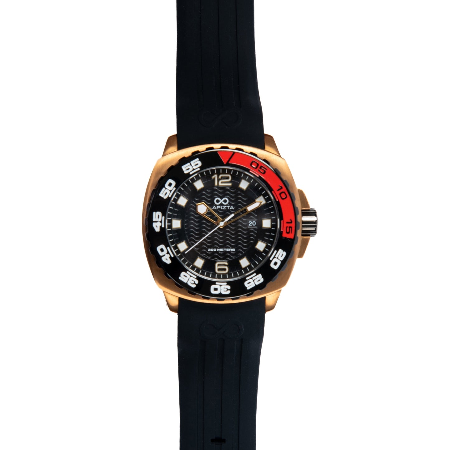 Lapizta Audax 48MM 300M WR Black Dive Watch with Rubber Strap in Gold